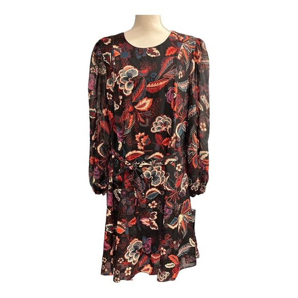 Maia Dress Womens 12 Black Dark Floral Chiffon Midi Semi Sheer Western Boho